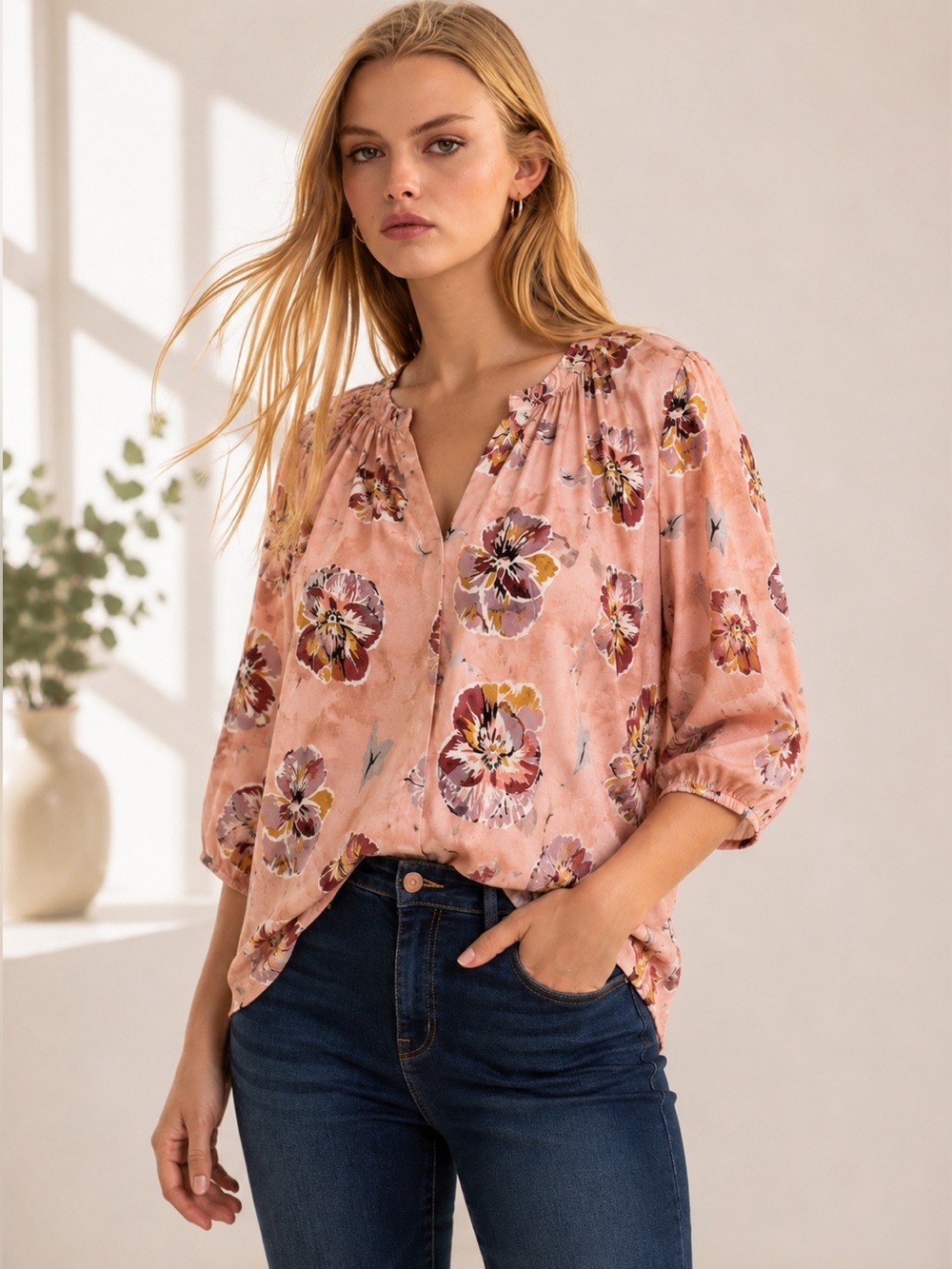 Cynthia  Rowley Women's Pink Floral V-Neck  Blouse 2X
